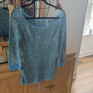 American Eagle Outfitters Light Blue Crochet Knit Top